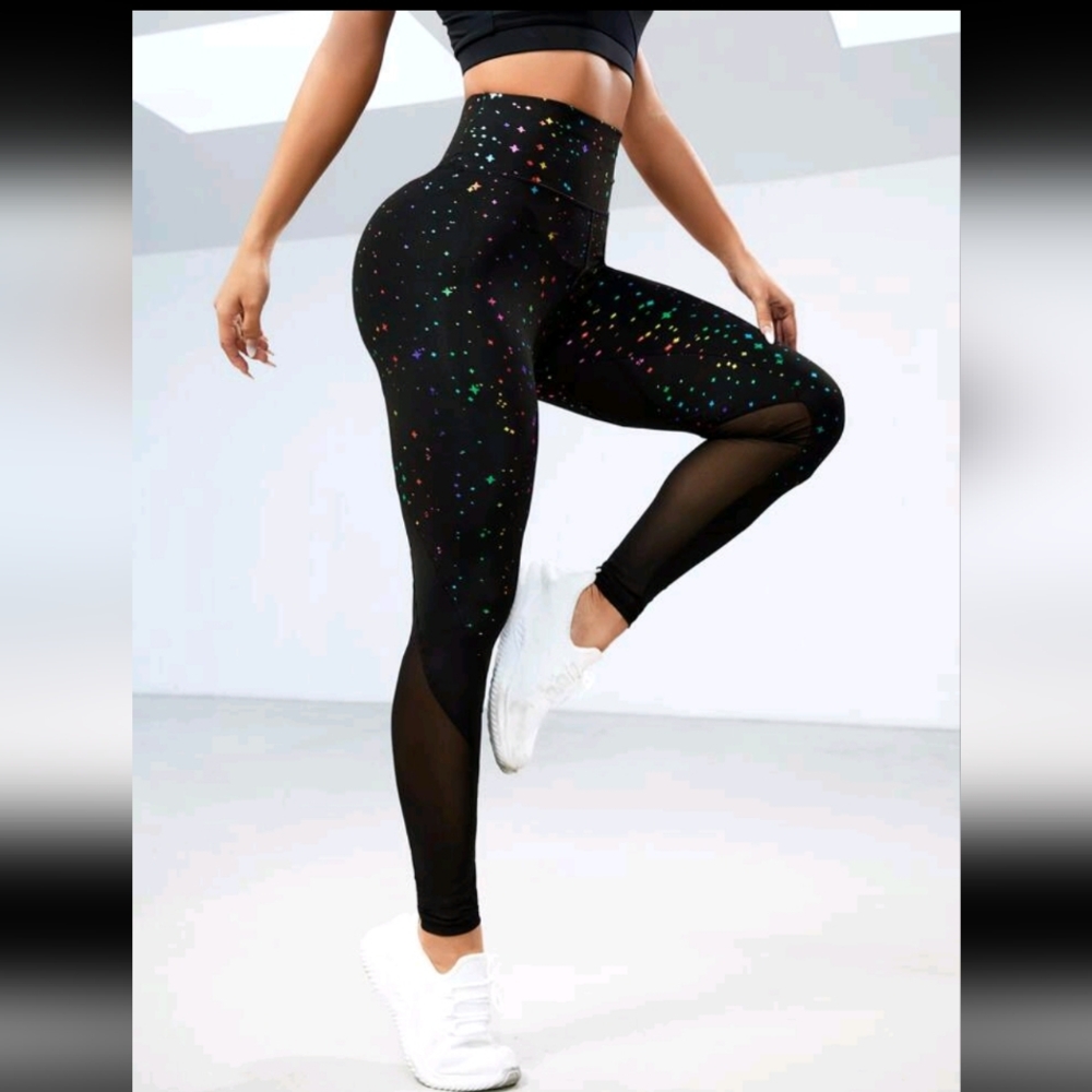 Women's Black Multicolor Star Mesh Contrast Sport Leggings